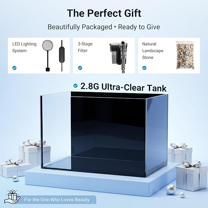 Smart Fish Tank Aquarium Kit: 2.8 Gallon Ultra-Clear Rimless Desktop Fish Tank with LED Light & Filter, Includes Landscape Stone, Complete Set for Small Fish, Shrimp, or Betta, Black