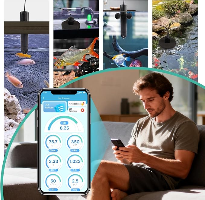 kactoily WiFi Aquarium Water Quality Monitor – 7 Parameter Digital Aquarium Water Tester for pH ORP EC TDS Salinity SG Temp, Freshwater & Saltwater Tanks