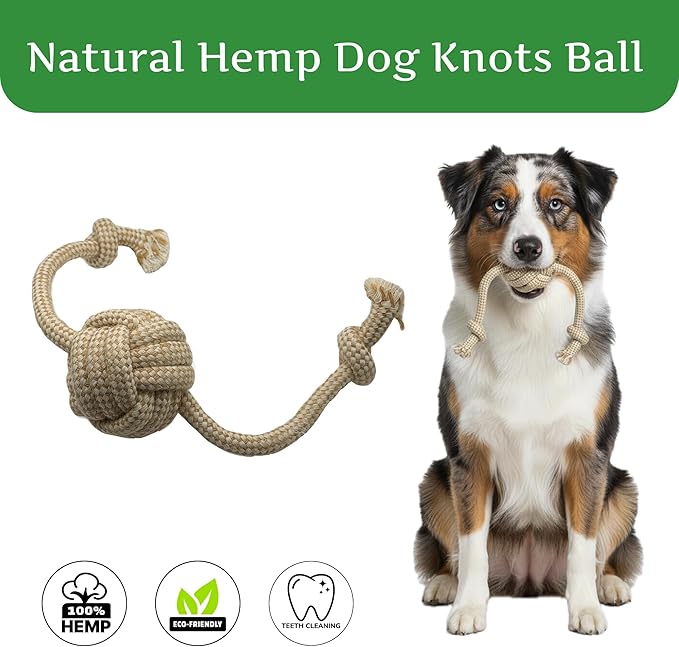 Natural Hemp Dog Rope Toy, Durable Chew and Tug Toy for Medium and Large Dogs, Biodegradable Dental Cleaning Pet Toy (Knots Ball)