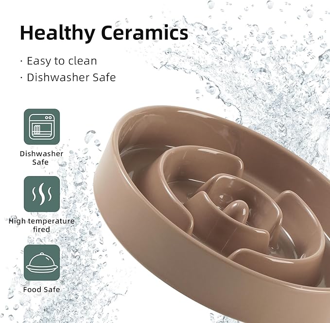 Havniva Ceramic 1.6 Cup Raised Slow Feeder Dog Bowl Set, Elevated Wooden Stand for Medium and Large Dog, 8.2inch Puzzle Slow Dish, Anti-Gulping(Brown Coffee, Single Bowl+ Stand)