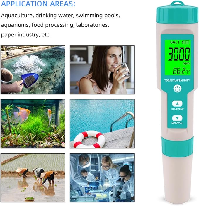 Pool Salt Tester - Multifunctional 5 in 1 Salinity, PH, TDS, EC, and Temperature Meter, Pool Salinity Testing Kit, Digital Salinity Tester for Swimming Pool,Saltwater, Sea Water, Aquarium