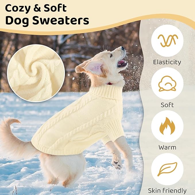 Queenmore Small Dog Pullover Sweater, Cold Weather Cable Knitwear, Classic Turtleneck Thick Warm Clothes for Chihuahua, Bulldog, Dachshund, Pug (White, Large)