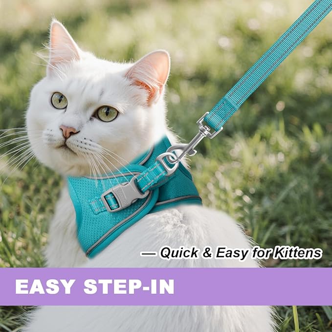 Cat Harness and Leash Set,Escape Proof Kitten Harness,Step in Adjustable Soft Lightweight,Easy Control,Reflective Strips Comfortable for Walking Travel(Ocean Blue,M)