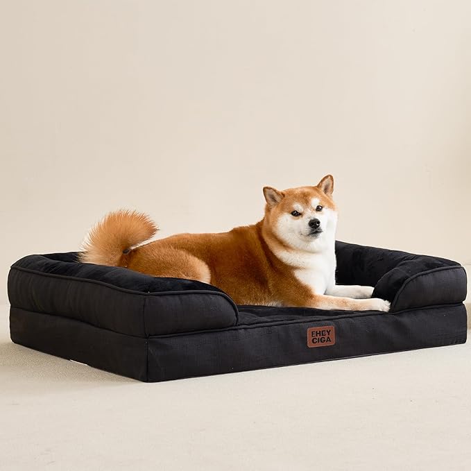 EHEYCIGA Orthopedic Dog Bed for Small Dogs, Waterproof Memory Foam Small Dog Beds with Sides, Non-Slip Bottom and Egg-Crate Foam Medium Pet Couch Bed with Washable Removable Cover, Black