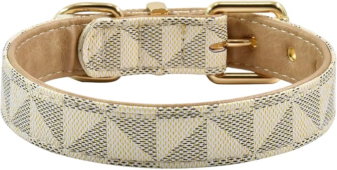 Leather Dog Collar and Leash Set, Check Pattern Dog Collar Leashes Metal Buckle Adjustable Durable for Small Medium Large Dogs (White, L(14.5-18.5IN))