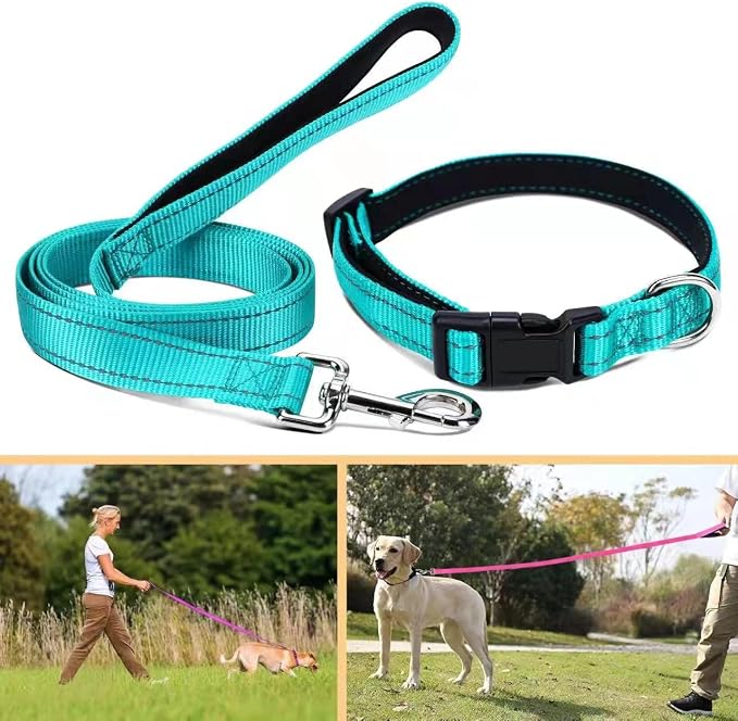 Durable Reflective Dog Collar and Leash Set with Double Layer Nylon, Soft Neoprene Padded Dog Collar with 5ft Strong Pet Leash Easy for Medium Large Dogs Walking,Teal,Neck fit 14.0-23.5’’