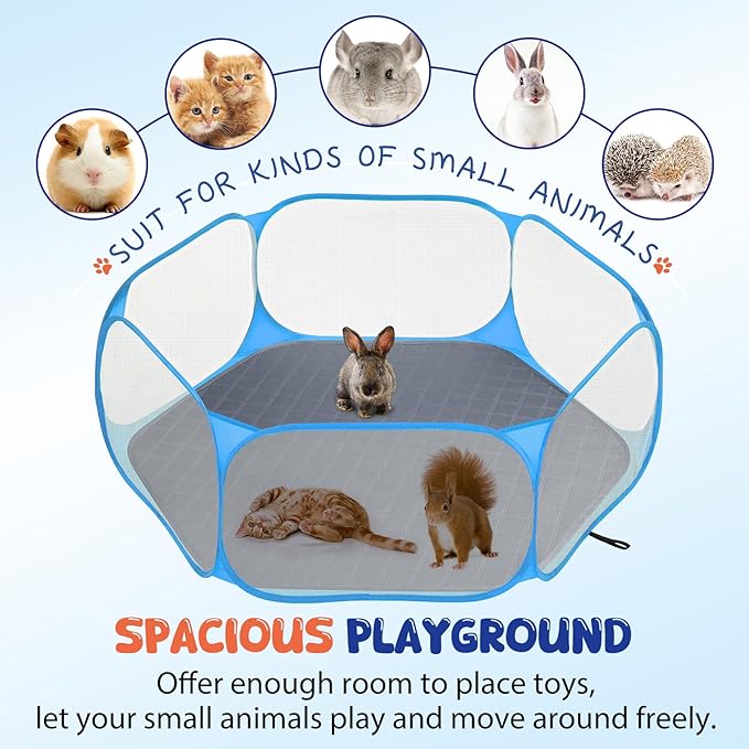 Pawaboo Small Animals Playpen with Pad, Waterproof Small Pet Cage Tent with Reusable Pad, Portable Outdoor Yard Fence for Chick/Kitten/Puppy/Guinea Pig/Rabbits/Chinchillas, Blue+Gray