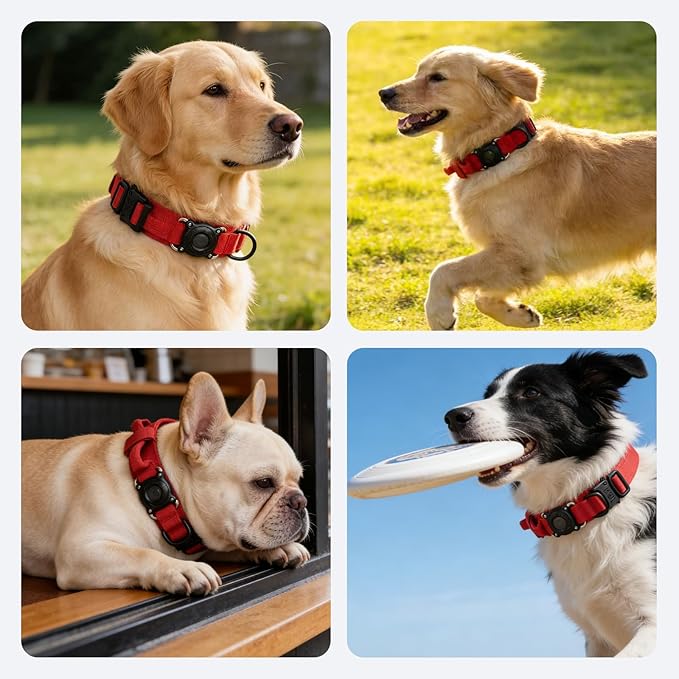 Upgraded AirTag Dog Collar,Waterproof Tactical Dog Collar with AirTag Holder, Control Handle and Metal Buckle,Heavy Duty Dog Collars for Large Dogs(Red,XL