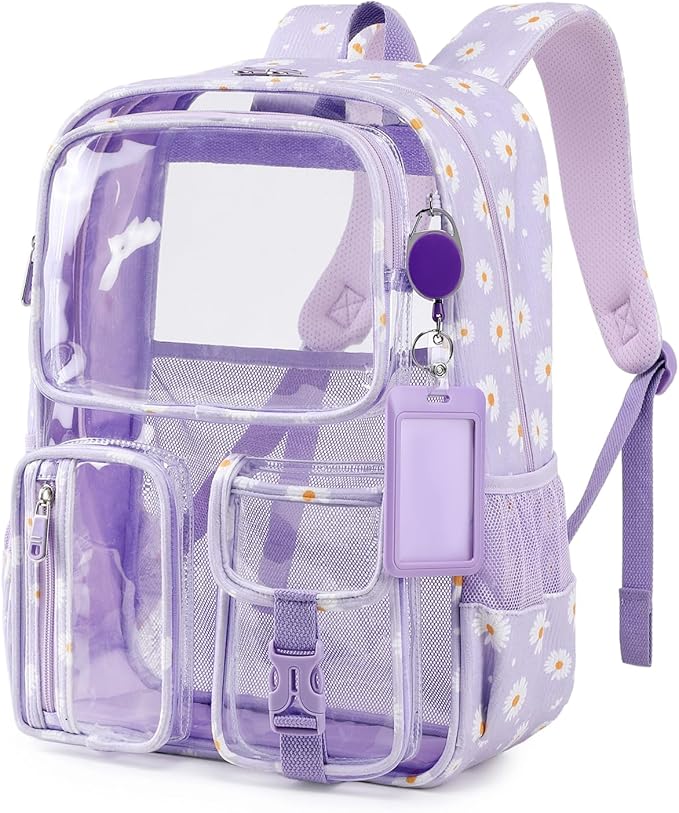 MUSEVOS Clear Backpack for School, Corduroy Heavy Duty Clear Bookbag for Girls Transparent Backpack with Badge Holder, Purple Daisy