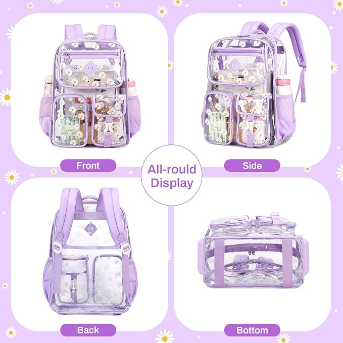 PIG PIG GIRL Clear Backpack for School,Heavy Duty PVC Transparent Bookbag for Girls Stadium Approved See Through Backpack