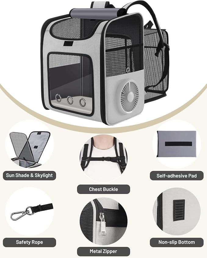 Smart Cat Backpack Carrier with Built-in Cooling Fan & Heating Pad, Expandable Pet Backpack for Cats and Small Dogs up to 16 lbs, Ventilated Travel Carrier for Hiking, Walking & Outdoor