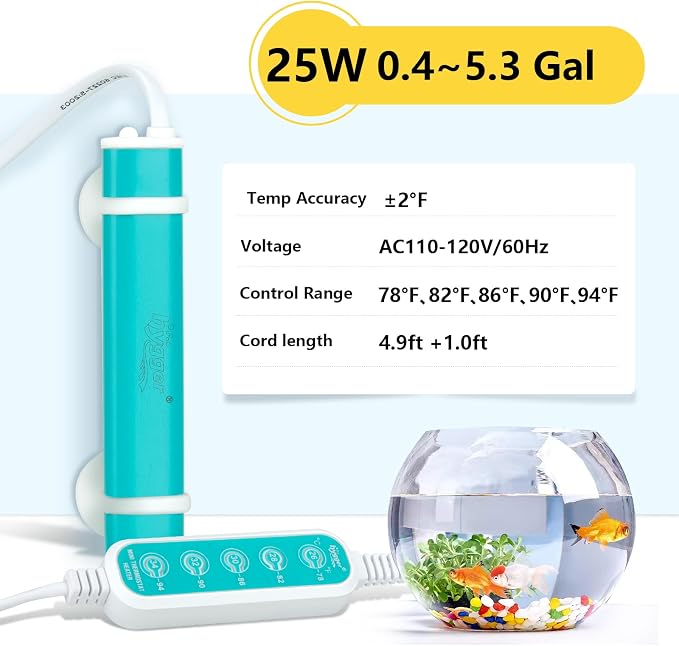 hygger Mini Submersible Aquarium Heater, Turtle and Betta Fish Tank Heater with Five-Key External Controller 78℉、82℉、86℉、90℉、94℉ for Freshwater Small Tank