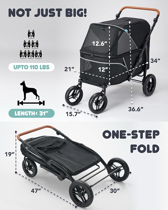 Zoosky Pet Stroller for Large Dogs up to 110lbs, Large Pet Stroller for Multiple Pets, All-Terrain with Adjustable Handle & Mesh Dual-Window, 1680D Waterproof Oxford Fiber
