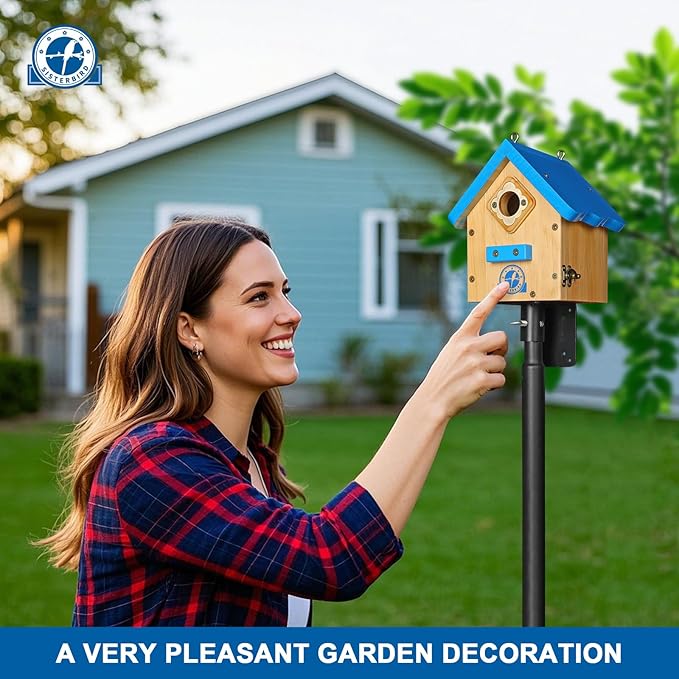 SISTERBIRD Wren Bird House for Outside, Premium Wooden Wren Bird Houses, Hanging Chickadee Bird House, Weatherproof Garden Decor Birdhouses for Outdoors, Blue Color Roof Bird Nesting Titmouse