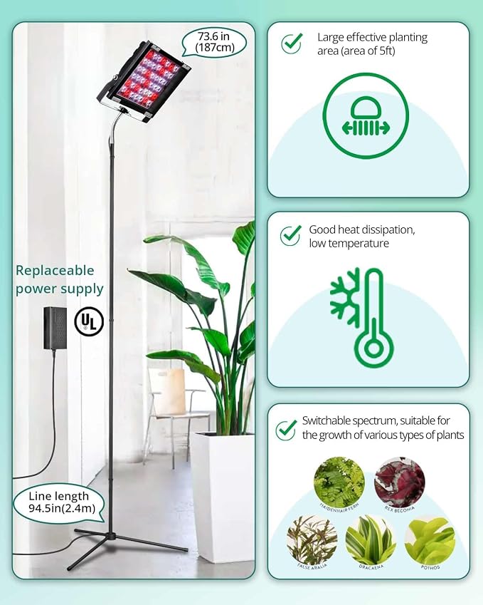 Adjustable Tripod Grow Light, Dimmable 45W 66in with Timer | 6/12/16h auto timer, adjustable floor lamp for indoor plants and aquarium refugium, supports whole plant growth stages