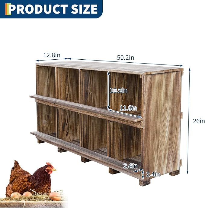 8-Compartment Wooden Chicken Nesting Box with Perches – Durable Egg Organizer for Bird Cages & Coops – Wall or Floor Mount – Prevents Egg Breakage – Ideal for Chickens, Ducks
