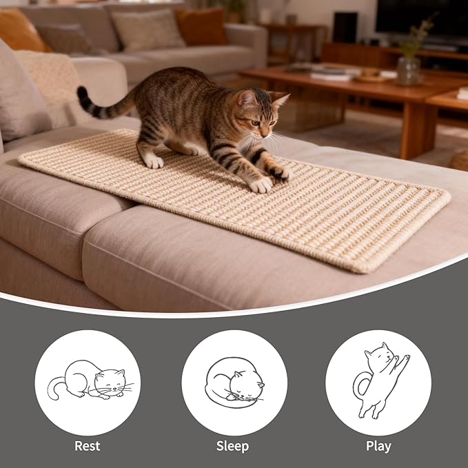 FHTONGE 39.4x15.8 Thickened Cat Wall Climbing Carpet with 16 Fixed Nails, Extra Large Tall Cat Scratch Pad for Wall, Wall Mounted Climbing Cat Scratcher for Furniture Couch Sofa Protector(Oat Color)