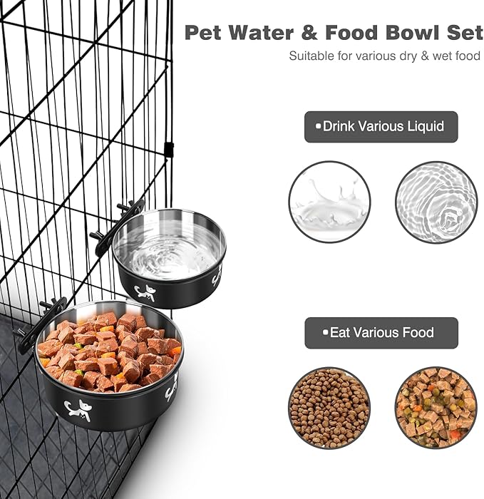 Crate Dog Bowl, 2 Pack Dog Crate Water Bowls Hanging No Spill, Removable Stainless Steel Mountable Pet Kennel Bowl Food Feeder Coop Cup Cage Accessories for Puppy Cat Rabbit Guinea Pigs Ferret Bird