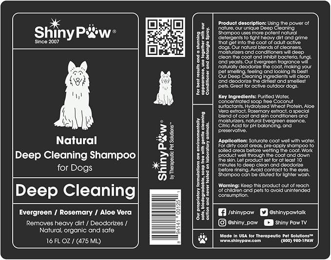 Shiny Paw Natural Deep Cleaning Organic Dog Shampoo 16 oz | Dog Itching Skin Relief with Evergreen, Aloe & Rosemary | Natural Dog Shampoo for Smelly Dogs