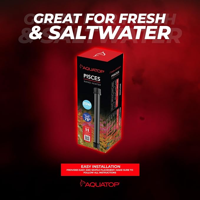Aquatop 25W Pisces Nano Heater – Fully Submersible for Nano Fish Tanks Up to 8 Gal – Preset 78°F – Heat-Resistant Water Heater for Small Aquariums