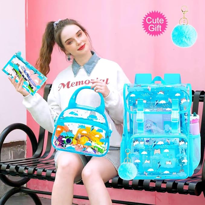 17" Cat Clear Backpack for Girls - 3Pcs Flip Design Stadium Approved Set, Campus/School Transparent Bookbag (Blue)