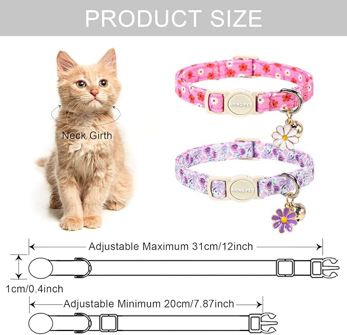 ARING PET 2 Pack Cat Collars with Bell, Cute Soft Cotton Kitten Kitty Breakaway Spring Summer Cat Collars for Boy Girl Cats-Pink & Purple Floral