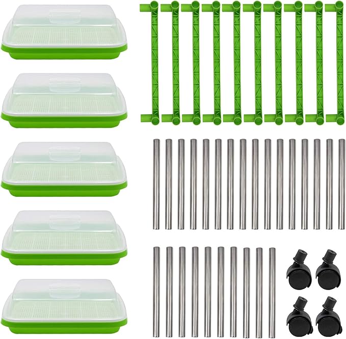 5 Layers Seed Starter Kit - Seed Sprouter Trays with Clear Lid & Stainless Steel Shelf, Soil-Free Germination Trays for Indoor/Outdoor Microgreens, Wheatgrass Mung Beans Cat Grass & Seedling Growing