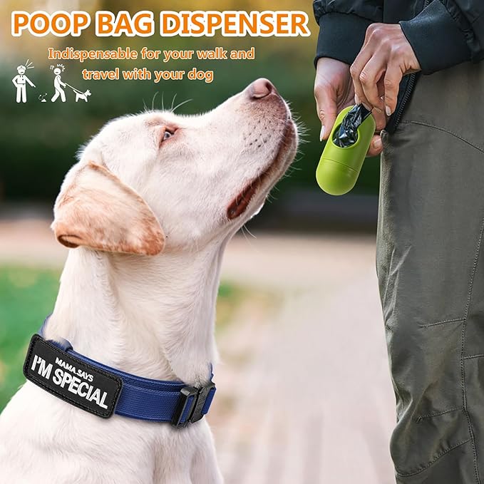 HYDEME Tactical Dog Collar Adjustable Nylon Collar with Control Handle and Heavy Metal Buckle for Medium and Large Dogs, with Patches&Airtags Case&Poop Bag Dispenser&Portable Bowl.(M, DarkBlue)