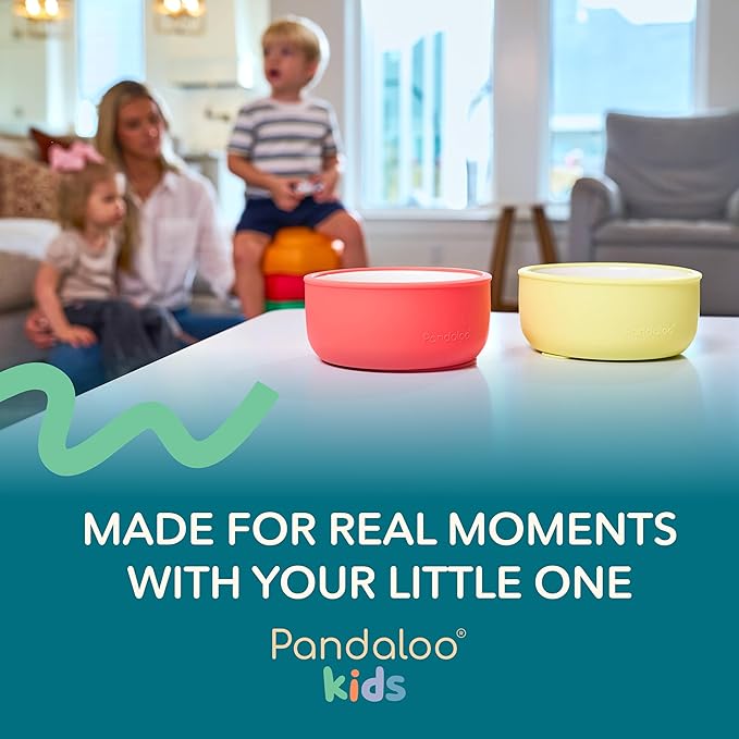 Pandaloo Porcelain Kids Bowls with Removable Silicone Sleeve & Lid – Strong Suction Base, Microwave & Dishwasher Safe, Toddler-Proof, Non-Slip Ceramic Feeding Bowls for Babies & Toddlers (Set of 4)