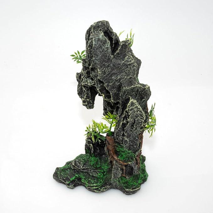Aquarium Mountain View Stone Ornament, Large Resin Hideout Cave for Betta & Shrimp, Fish Tank Decor Rock Cave with Fish Cave and Hideouts (7.28" x 4.13" x 13.58")