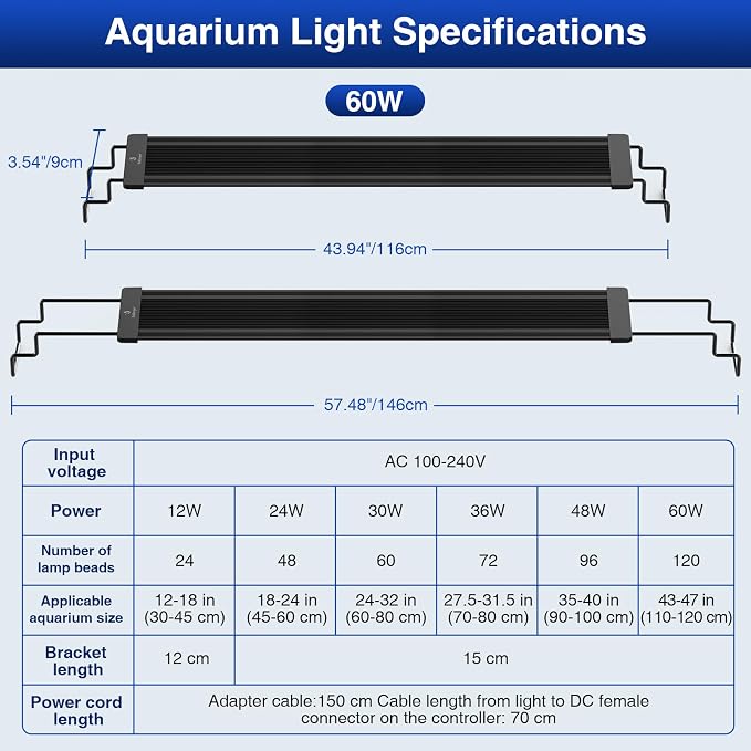 fishkeeper Aquarium Light, LED Fish Tank Lights with Auto Time Sync & 24/7 | IP68 Waterproof Extendable Bracket DIY Full Sprctrum Aquarium Plant Lights with Timer/Dimming, Memory Function for 48-55inch