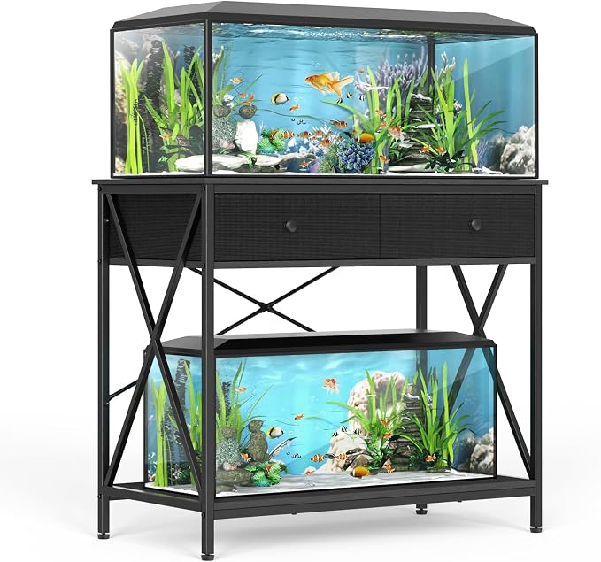 Fish Tank Stand with Drawer,40-50 Gallon Aquarium Stand Easy Assemble | Stable Metal Frame, 2-Tier Breeder Reptile Turtle Terrarium Stand Fits Office Room Home, Adjustable Feet, Accessories Storage