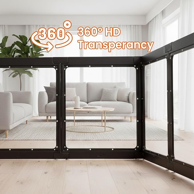 Transparent Indoor Dog Playpen with Safety Lock, Indoor Dog Fence for Small & Medium Pets | Secure, Stylish, Easy Clean Play Pen for Dogs & Pets with Scratch Resistant Panels (Black, 16 Panels)