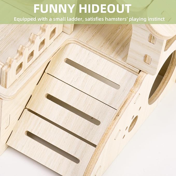 WRINGKIT Wood Hamster House, Tiny Maze Hamster Hideout, Fun Slide Gerbil House with Window, Detachable Double Decker Hut for Hamster Dwarf Mice Mouse Small Animals