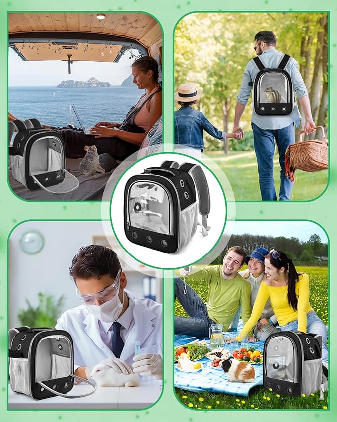 DBNESS Guinea Pig Carrier Backpack, Portable Rabbit Travel Carring Bag for Pet Bunny Chinchilla Bearded Dragon Hamster Parrot Outgoing Pouch Case with Water Bottle Holder & Detachable Pad (Black)