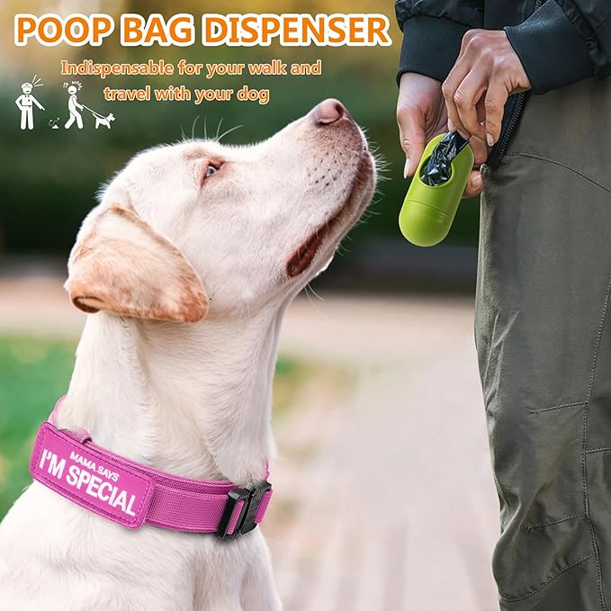 HYDEME Tactical Dog Collar Adjustable Nylon Collar with Control Handle and Heavy Metal Buckle for Medium and Large Dogs, with Patches&Airtags Case&Poop Bag Dispenser&Portable Bowl.(M, Pink-Set)
