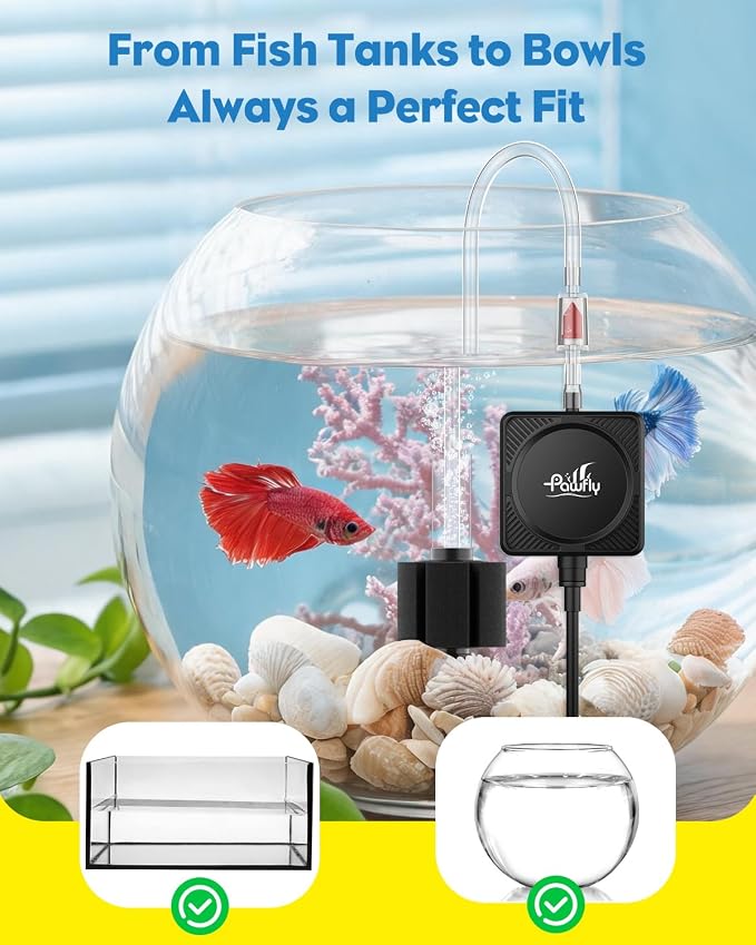 Pawfly 27 L/h Aquarium Air Pump, Mini Air Pump for 1-15 Gallon Fish Tanks | 1.3 W Ultra Quiet Portable Fish Tank Air Pump Oxygen Aerator Kit with Mini Sponge Filter Air Tubing Air Stone Check Valve