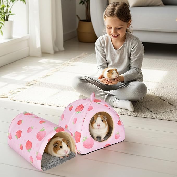 Bienbee Guinea Pig Hideout, Washable Guinea Pig Tunnel Set, 2 Pack Guinea Pigs Toys Guinea Pigs Cage Accessories for Small Animal Mouse Hamster Hedgehogs Rats,Pink Strawberry