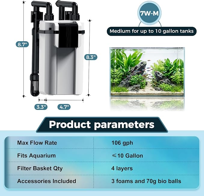 hygger Aquarium Hang On Back Canister Filter, Adjustable Flow Quiet Fish Tank Filter with Oil Skimmer,3 Outlet Nozzles,Filter Sponges & Ceramic Balls(7W,≤10 Gallon)