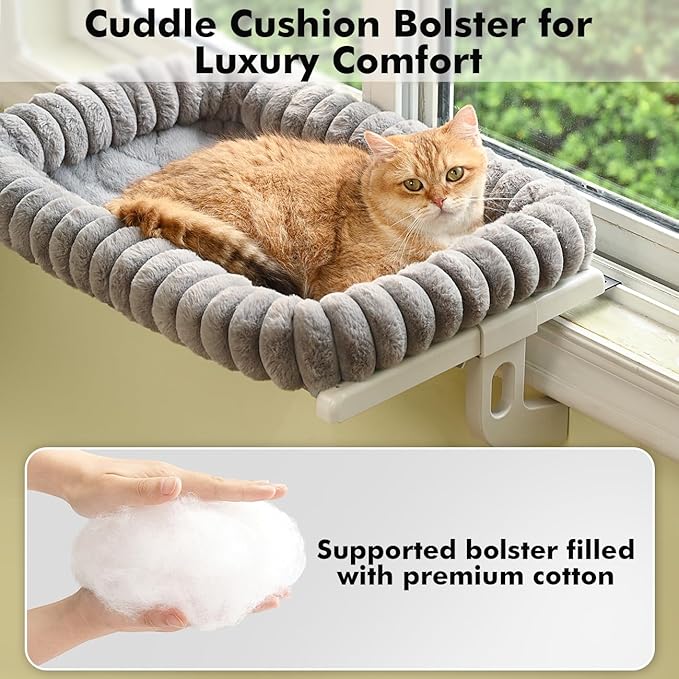 Zoratoo Cloud-Cuddle Cat Window Perch with 4-Sided Bolster, Zipper Design Cushion Window Seat for Window Sill, Sturdy Metal Frame & Easy Assembly Pet Hammock Bed for Indoor Cats (Gray, Medium)