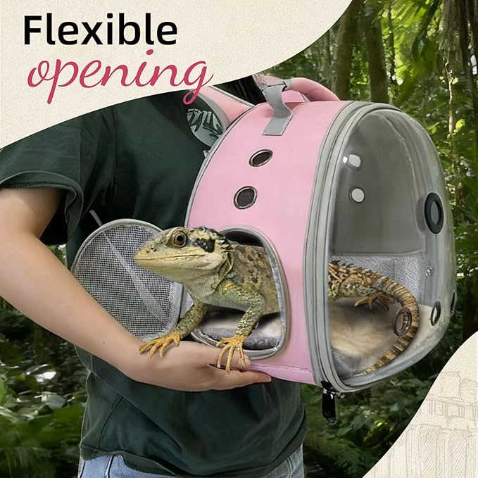 Bearded Dragon Travel Backpack Carrier with Reptile Thermometer and Humidity Gauge Lizard Travel Cage Space Capsule Clear Bubble Window Astronaut Reptile Bag for Ball Python (Pink, Backpack+PG LSH)