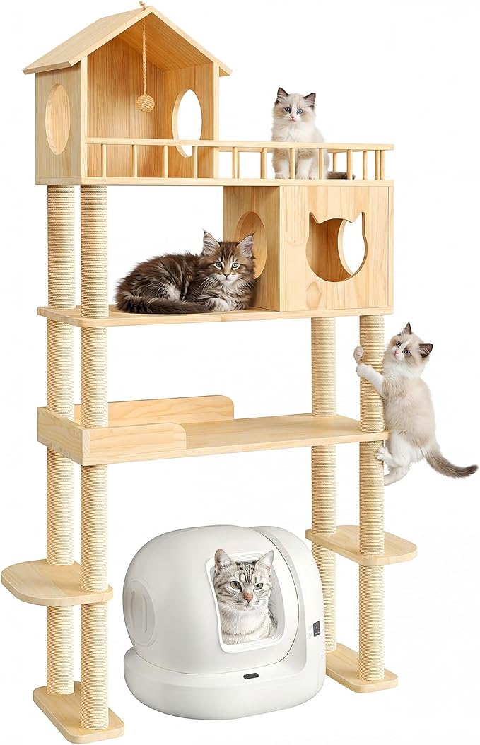 Wood Cat Tree for Automatic Litter Box, 74.4" Tall Cat Tower for Self Cleaning Litter Box, Cats Tree for Indoor Cats Large Adult, 5-Level Solid Wood Cat Furniture w/Scratching Post, House