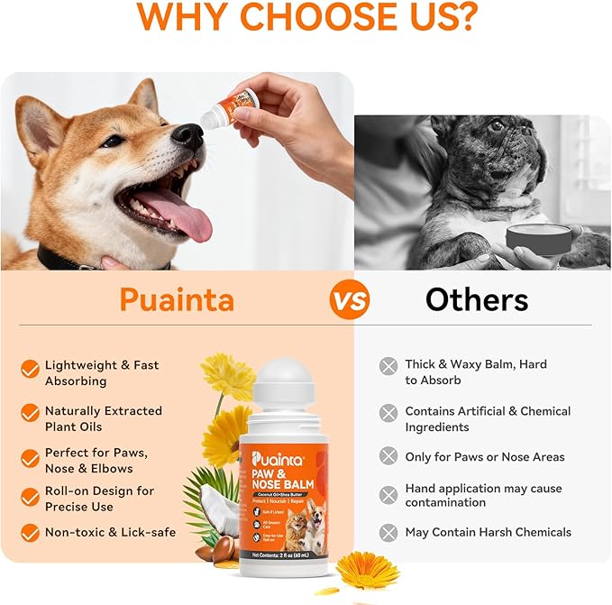 PUAINTA Lick-Safe Dog Paw & Nose Balm with Mess-Free Roller Ball - Safety Cap, Fast-Absorbing Protector for Winter Snow, Salt & Hot Pavement - Unscented Snout Soother - 2oz