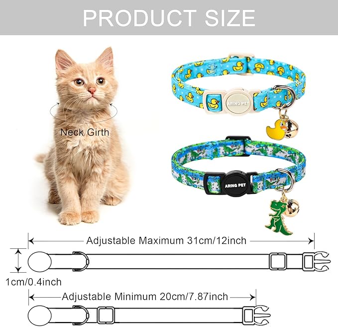 ARING PET 2 Pack Cat Collars with Bell, Cute Summer Soft Cotton Kitten Kitty Breakaway Cat Collars for Boy Girl Cats-Dinosaur & Duck