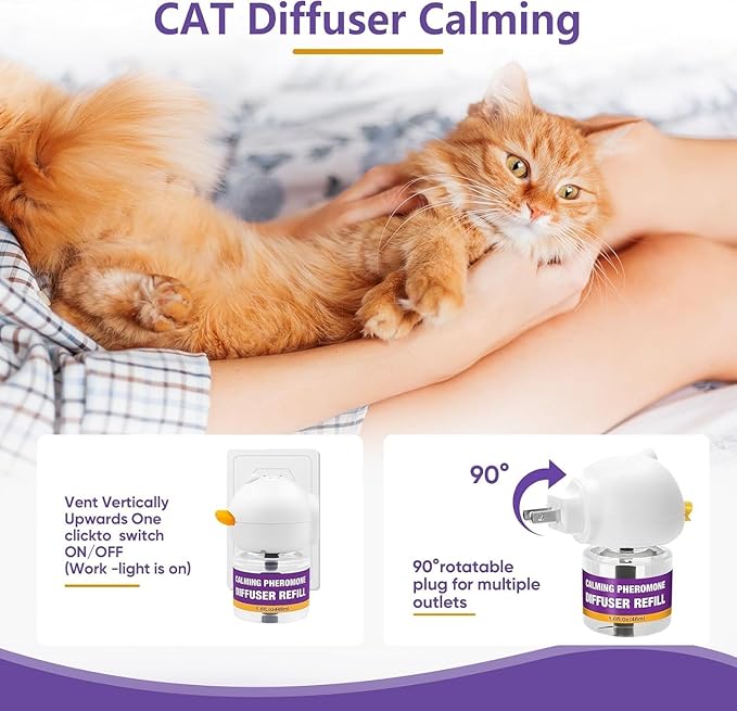 Cat Calming Pheromone Diffuser Kit, Long-Lasting Stress & Anxiety Relief, Reduces Fighting, Spraying & Scratching, Safe & Drug-Free Comfort for All Cats and Kittens 2 Plug-Ins + 4 Refills (48ml Each)