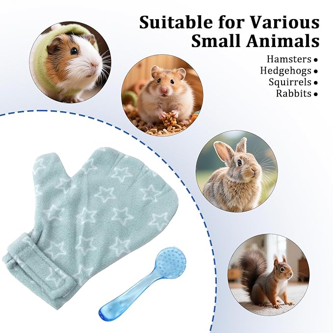 1Pcs Hamster Bite Proof Glove and Grooming Brush Set, Adjustable Hamster Glove, Lid Soft Cleansing Brush Massage Combs, Guinea Pig Brush, Hamster Care Set for Hamsters, Ferrets, Hedgehog (Green Stars)