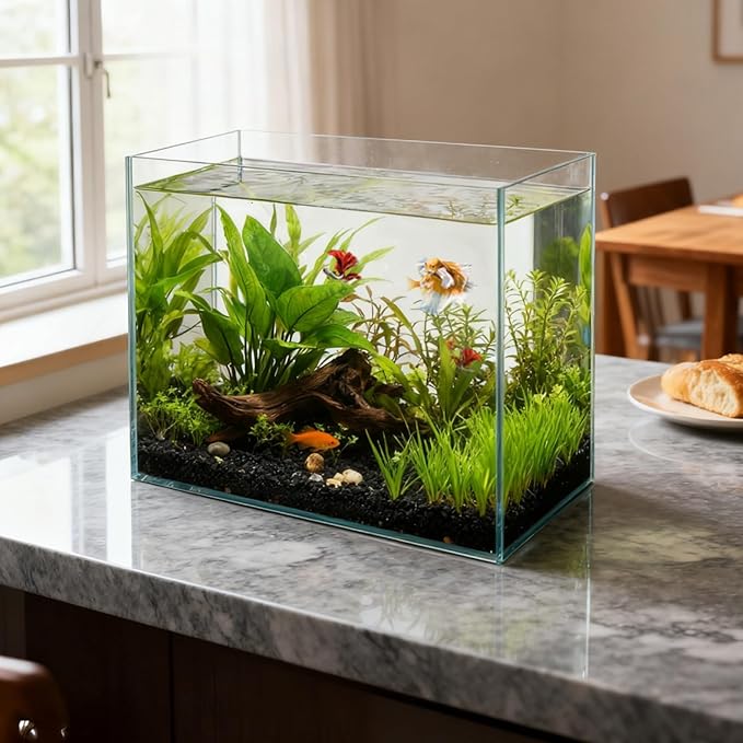 Tlence 2.7 Gallon Glass Fish Tank, Small Betta Fish Aquarium, Ultra Clear Rectangular Glass Bowl for Shrimp, Mini Desktop Aquatic Planting Cube for Goldfish Snails, Easy to Clean