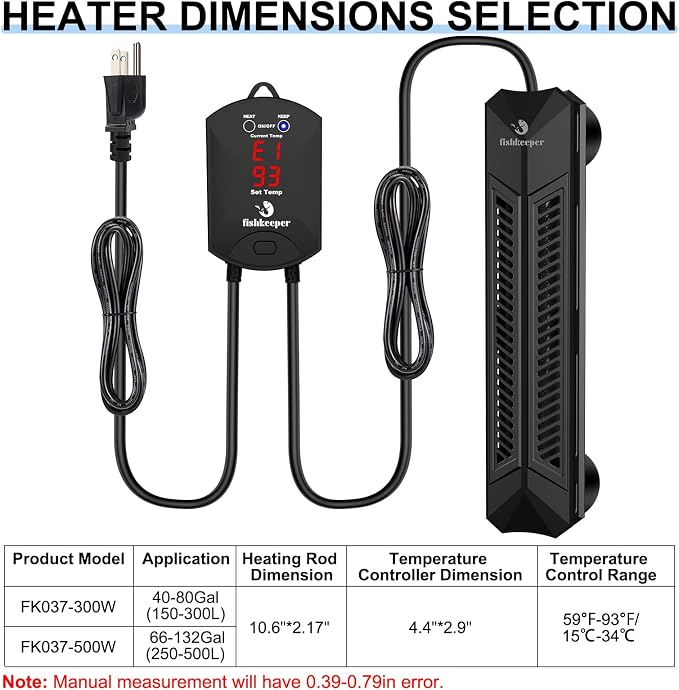 fishkeeper Aquarium Heater, 500W Fish Tank Heater for 66-132 Gallon | Adjustable Digital Display Controller, Submersible Water Heater with Thermostat Overheat & Dry-Boil Protection