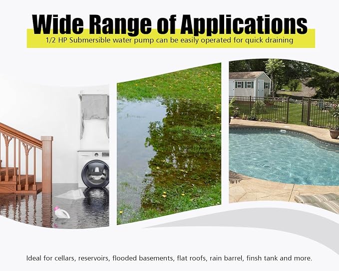 1/2HP Submersible Water Pump 2500GPH Stainless Steel Sump Pump with Adjustable Float Switch for Draining Water from Pool Hot Tub Flooded House Rain Barrel Pit Crawl Space