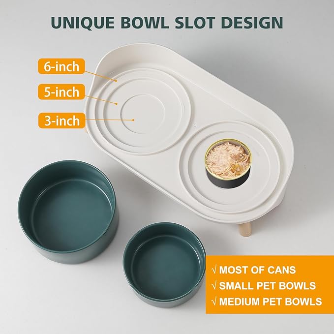 Elevated Ceramic Dog Bowl Set - Double Dog Feeding Bowls with Stand Splash Proof - Raised Dishes for Food and Water - Ideal for Small to Medium Dogs - 2 x 720 ml - 11.3 oz - Green